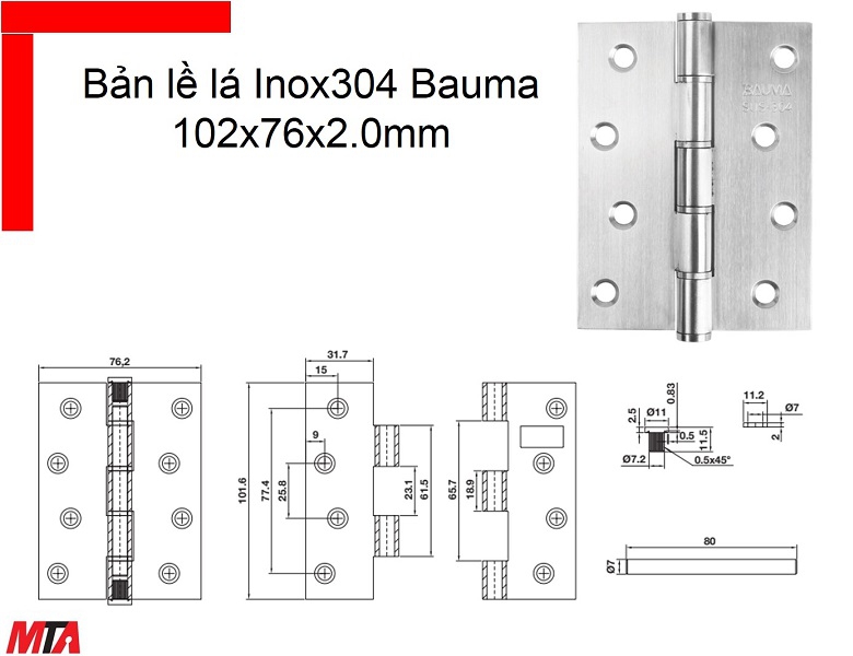 Bản lề cửa Bauma Hafele 926.20.343 kích thước 102x76x2.0 mm inox304 cửa nặng 40kg