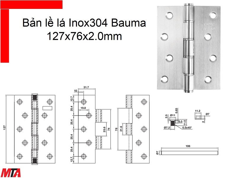 Bản lề cửa Bauma Hafele 926.20.344 kích thước 127x76x2.0 mm inox304 cửa nặng 45kg