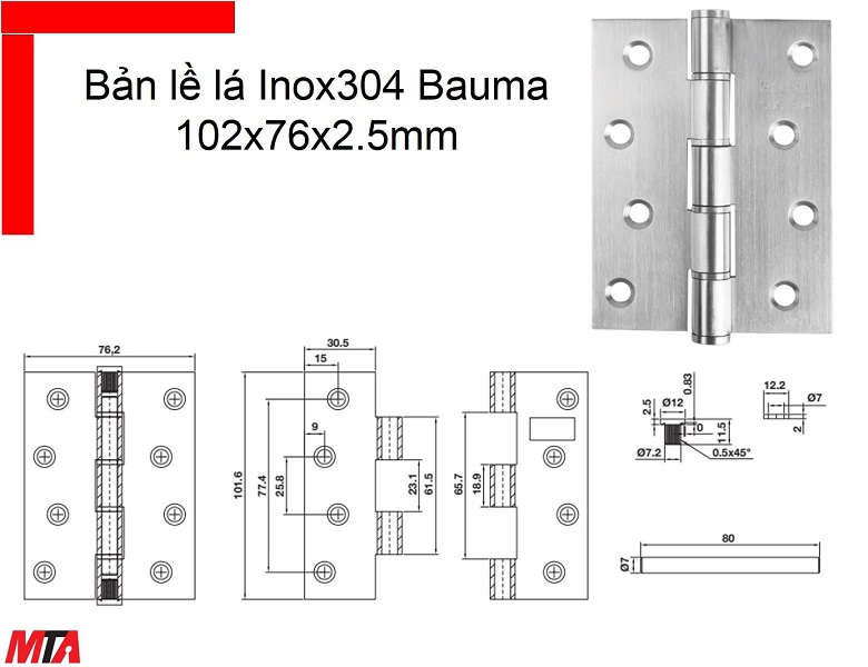Bản lề cửa Bauma Hafele 926.20.346 kích thước 102x76x2.5 mm inox304 cửa nặng 55kg