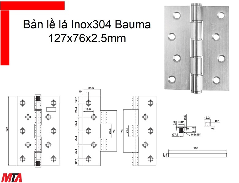 Bản lề cửa Bauma Hafele 926.20.347 kích thước 127x76x2.5 mm inox304 cửa nặng 60kg