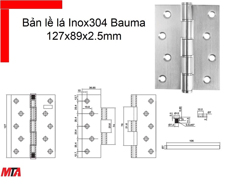 Bản lề cửa Bauma Hafele 926.20.348 kích thước 127x89x2.5 mm inox304 cửa nặng 60kg