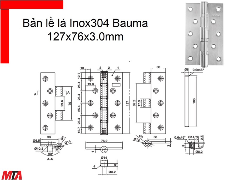 Bản lề cửa Bauma Hafele 926.20.353 kích thước 127x76x3.0 mm inox304 cửa nặng 80kg