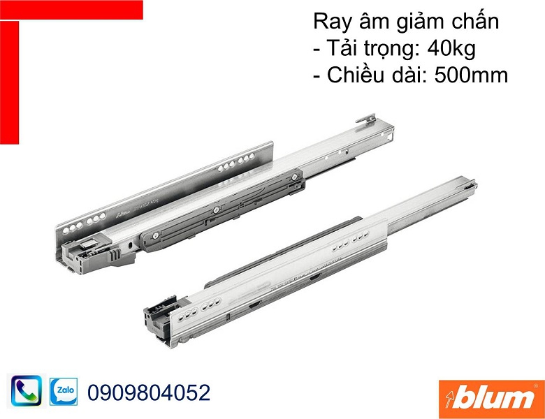 Ray âm giảm chấn Blum 750.5001S cho ray hộp âm tải trọng 40kg chiều dài 500mm