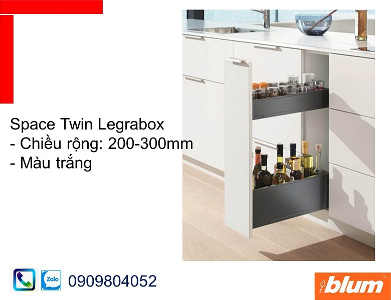Thành ngăn kéo hẹp Blum Space Twin Legrabox màu trắng chiều rộng 200-300mm