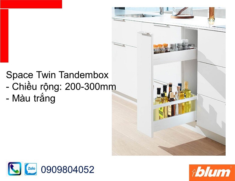 Thành ngăn kéo hẹp Blum Space Twin Tandembox màu trắng chiều rộng 200-300mm