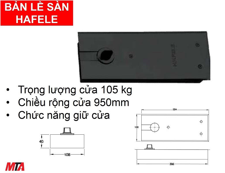 Bản lề sàn hafele 932.84.045 màu đen dòng DCL 41 giữ cửa EN3 tải trọng 105kg