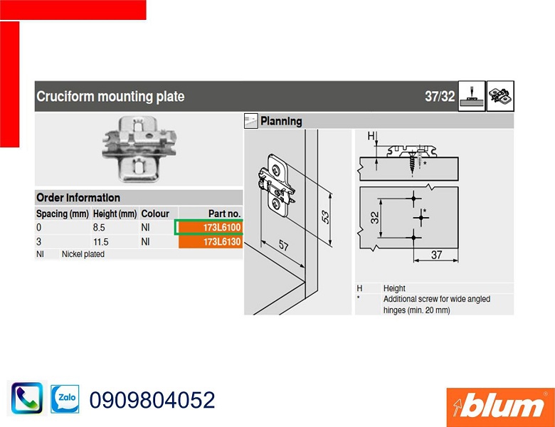 Đế bản lề Blum 173L6100 không ốc điều chỉnh chiều cao