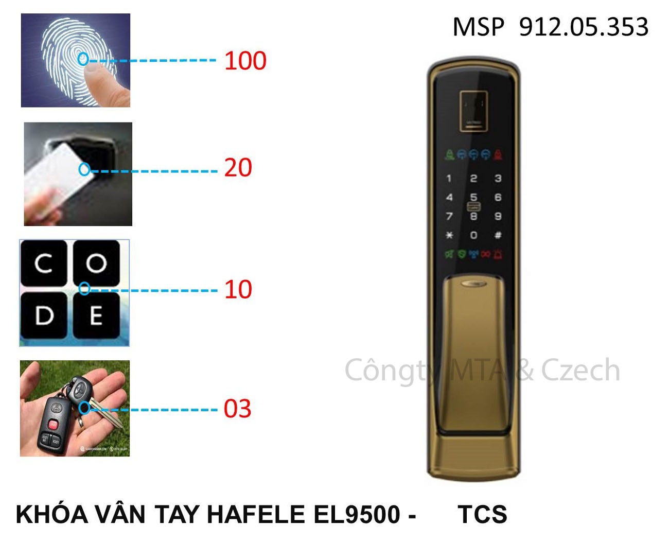 Khóa vân tay Hafele EL9500-TCL màu vàng 912.05.353