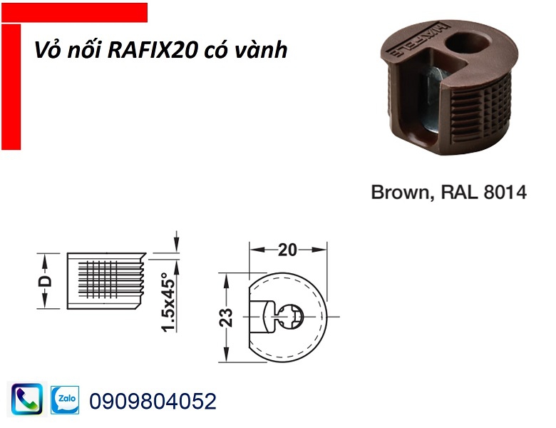 Ốc cam liên kết Hafele  vỏ nối có vành Rafix 20 MSP 263.10.105  màu nâu gổ dày từ 19mm