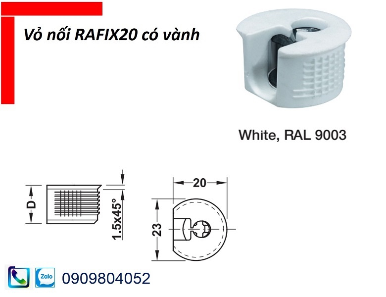 Ốc cam liên kết Hafele  vỏ nối có vành Rafix 20 MSP 263.10.705  màu trắng gổ dày từ 19mm